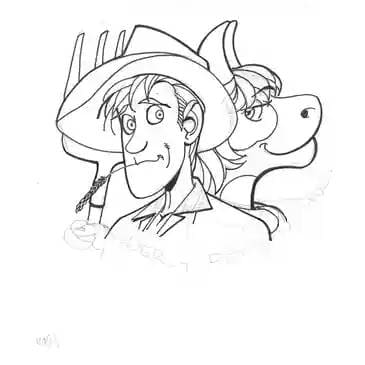 A drawing of a man and dog with a hat on.