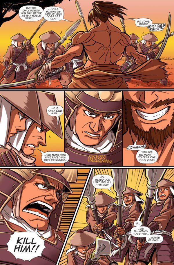 A comic book page with two men in the middle of three different scenes.