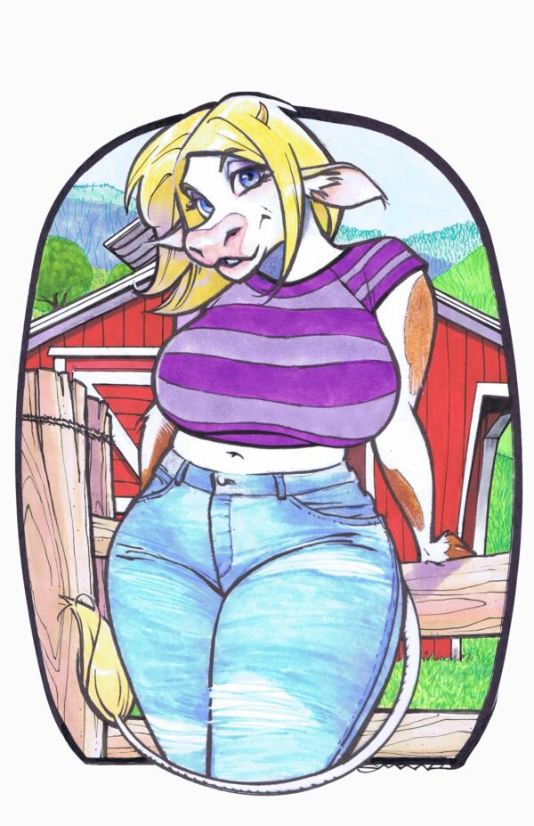 A woman with big boobs standing in front of a barn.