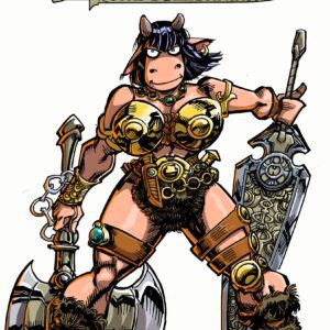 A woman with horns and armor holding an axe.