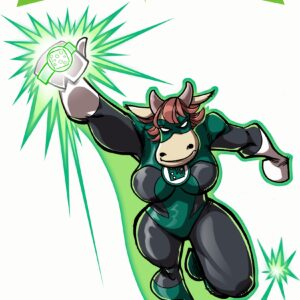 A cow character is holding a green light.