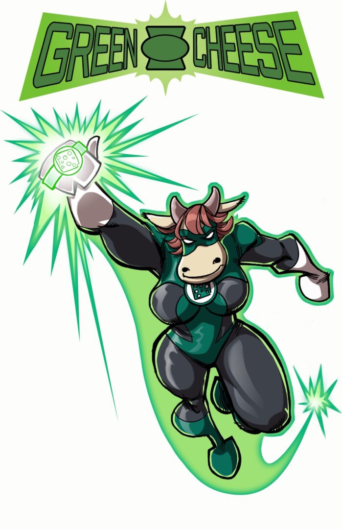 A cow character is holding a green light.