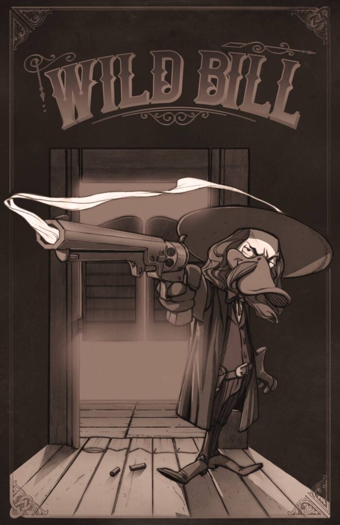 A cartoon of a witch holding a gun.
