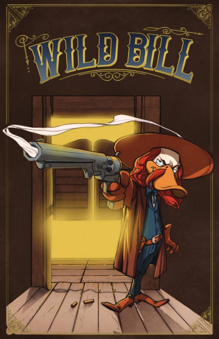 A turkey holding a gun in front of a door.