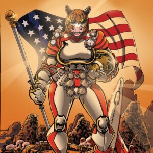 A woman with a cat mask holding an american flag.