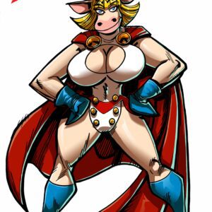 A cartoon of a woman with big breasts wearing boots and a cape.