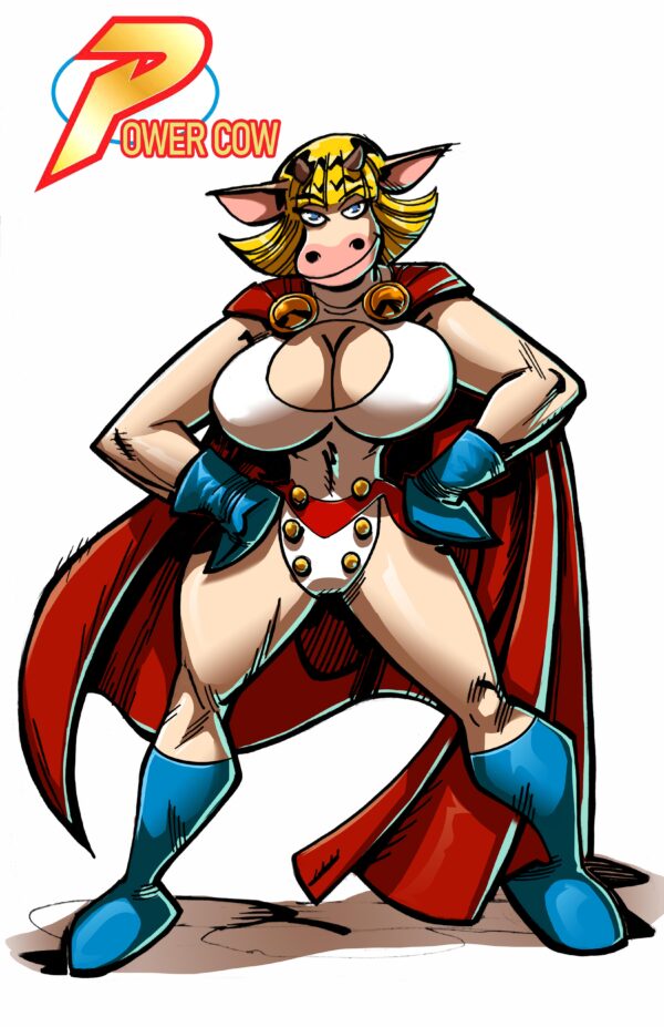 A cartoon of a woman with big breasts wearing boots and a cape.
